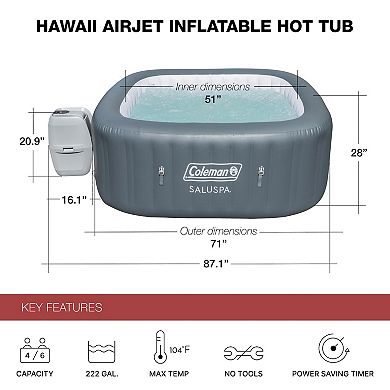 Coleman Saluspa Airjet 6 Person Inflatable Square Hot Tub With 114 Jets ...