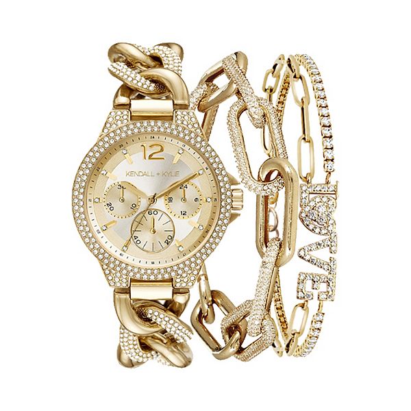 Kendall + Kylie Quartz Gold Round Crystal Bezel and Link Strap Watch and "LOVE" Bracelet Set
