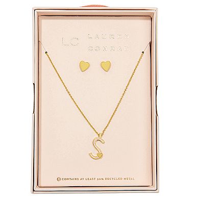 LC Lauren Conrad Gold Tone Valentines Day Enamel Initial Necklace and Heart Stud Earring Set
