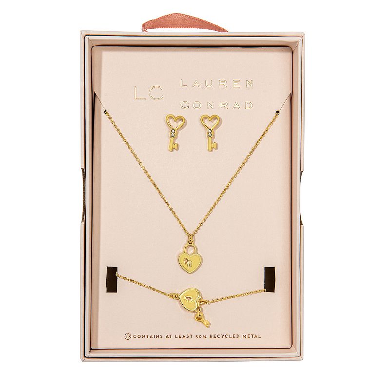 LC Lauren Conrad Heart Locket Necklace, Earring, & Bracelet Set, Womens, G