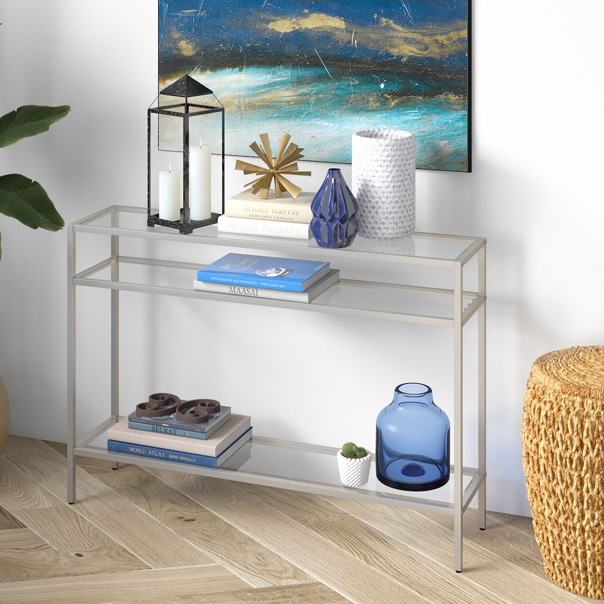 Finley & Sloane Siviline 3-tier console table with glass shelves in styled setting
