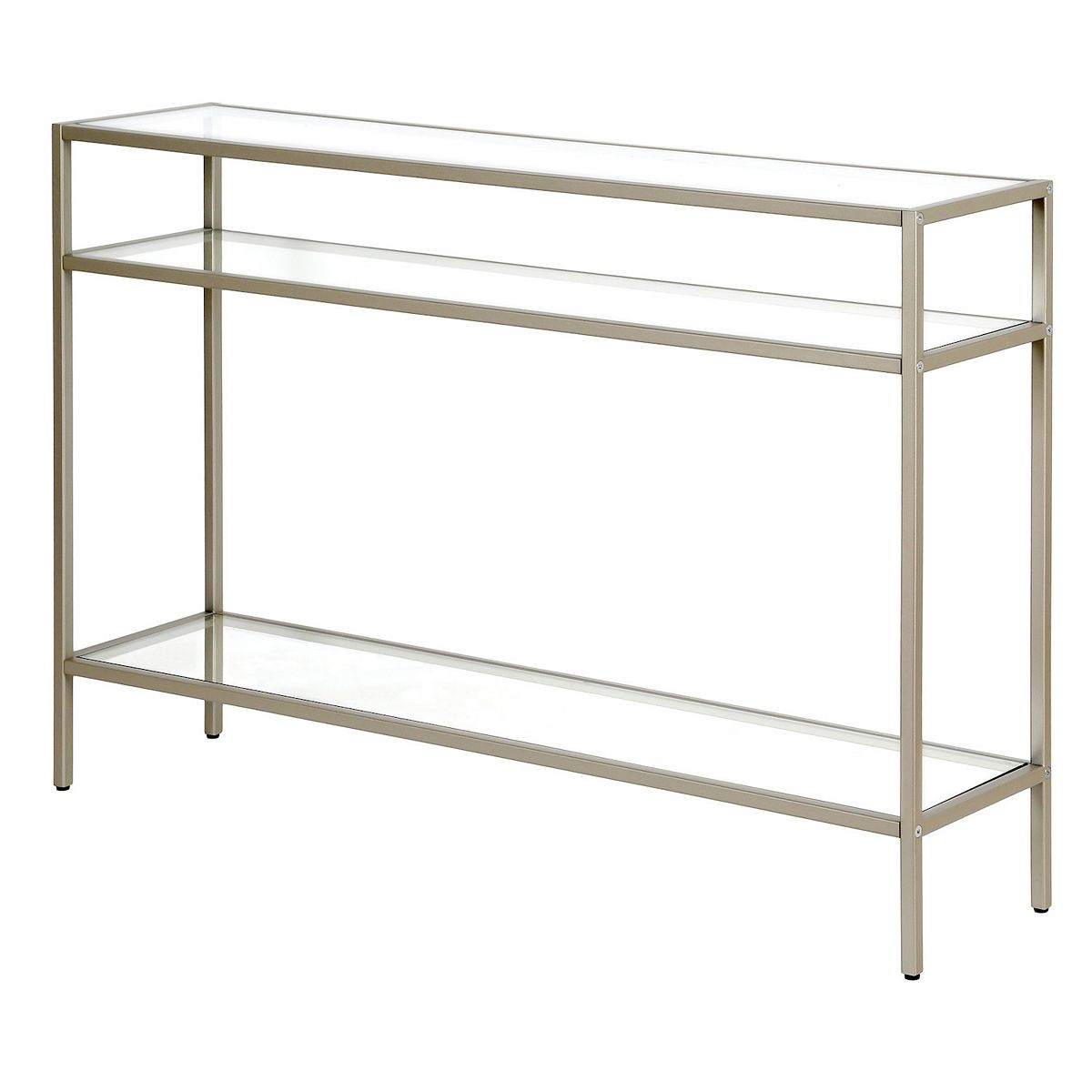 Finley & Sloane Siviline 3-tier console table side view with glass shelves