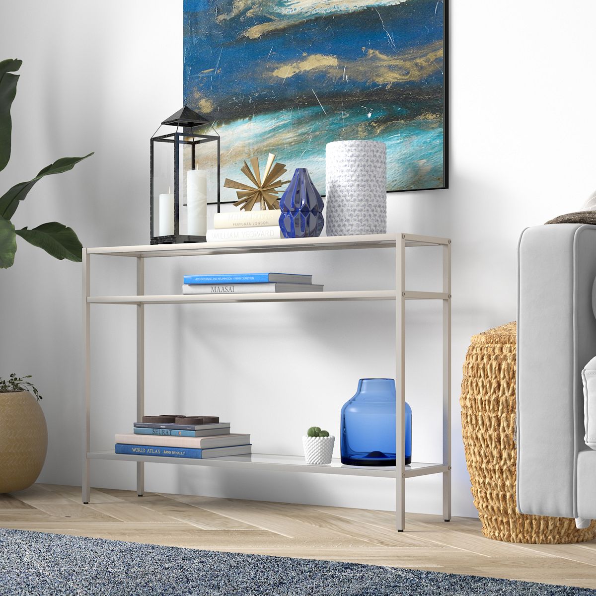 Finley & Sloane Siviline 3-tier console table styled with decor