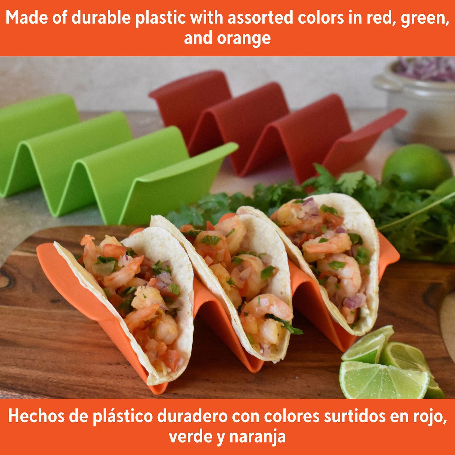 Imusa Taco-Halter Set – 3 Stück, BPA-frei, Farbig (Grün, Orange, Rot), Stapelbar & Mikrowellengeeignet