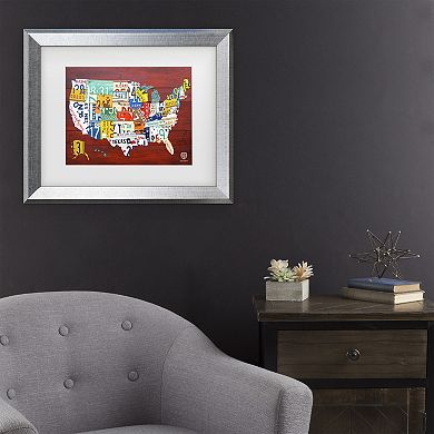 Trademark Fine Art Design Turnpike License Plate Map USA Matted Framed Art
