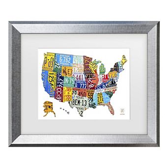 Trademark Fine Art Design Turnpike License Plate Map USA 2 Matted Framed Art