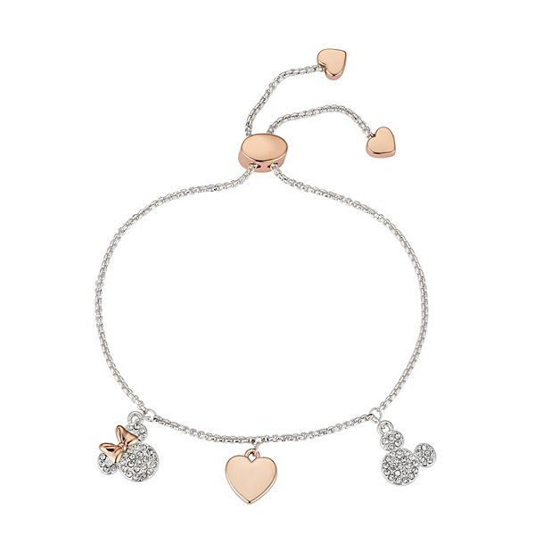 Disney's Mickey Mouse & Minnie Mouse Two Tone Crystal Heart Charm  Adjustable Bracelet