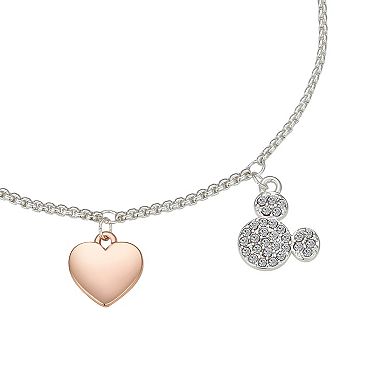 Disney's Mickey Mouse & Minnie Mouse Two Tone Crystal Heart Charm Adjustable Bracelet