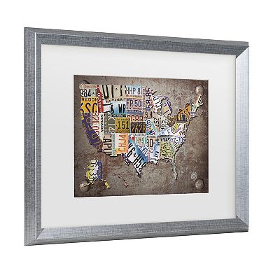 Trademark Fine Art Masters Fine Art USA License Plate Map on Metal Matted Framed Art