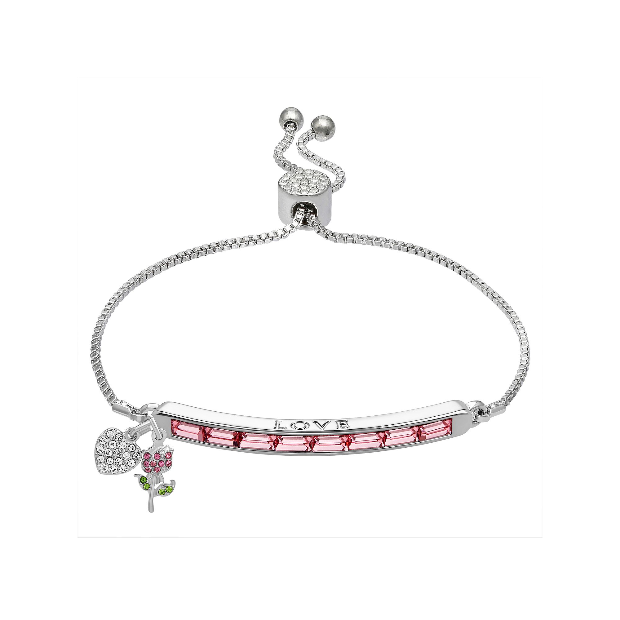 Brilliance Crystal Love Adjustable Bracelet with Heart & Flower Charms