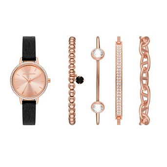 Skechers® Women's Rose Gold & Black Watch & Stackable Bracelet Set
