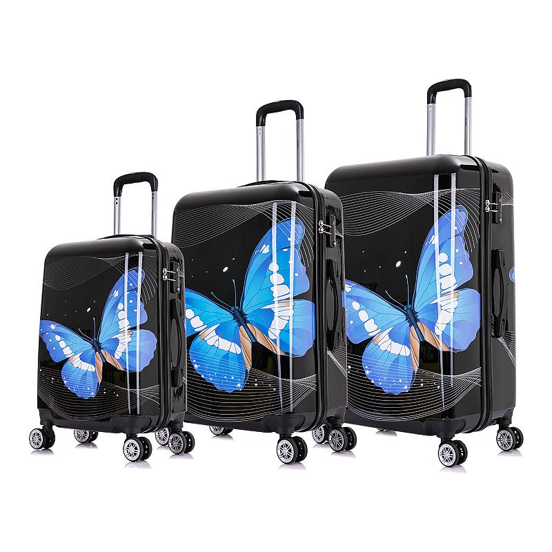 InUSA Print 3-Piece Hardside Luggage Sets with Spinner Wheels  Handle  Trolley  (20 /24 /28 )  Black Butterfly