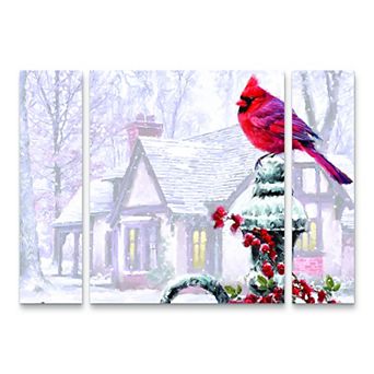 Cardinal on Gatepost Canvas Wall Art 3 pc Set