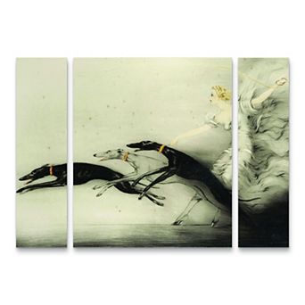 Art Deco Woman Greyhounds Canvas Wall Art 3 pc Set