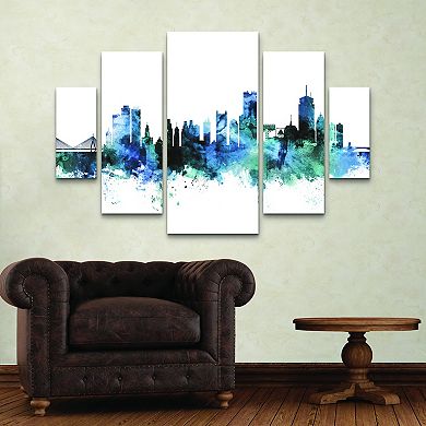 Michael Tompsett Boston Massachusetts Blue Teal Skyline Canvas Wall Art 5-piece Set