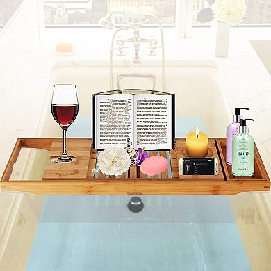 SereneLife Luxury Bamboo Bathtub Shower Caddy Tray Organizer with Wine Holder