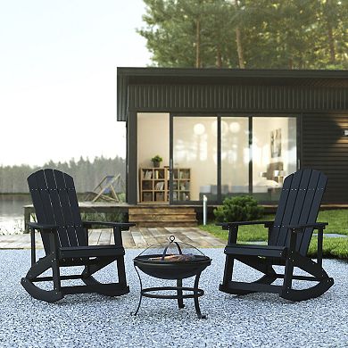 Flash Furniture Savannah Set of 2 White All-Weather Adirondack Rocking Chairs with Wood Burning Fire Pit