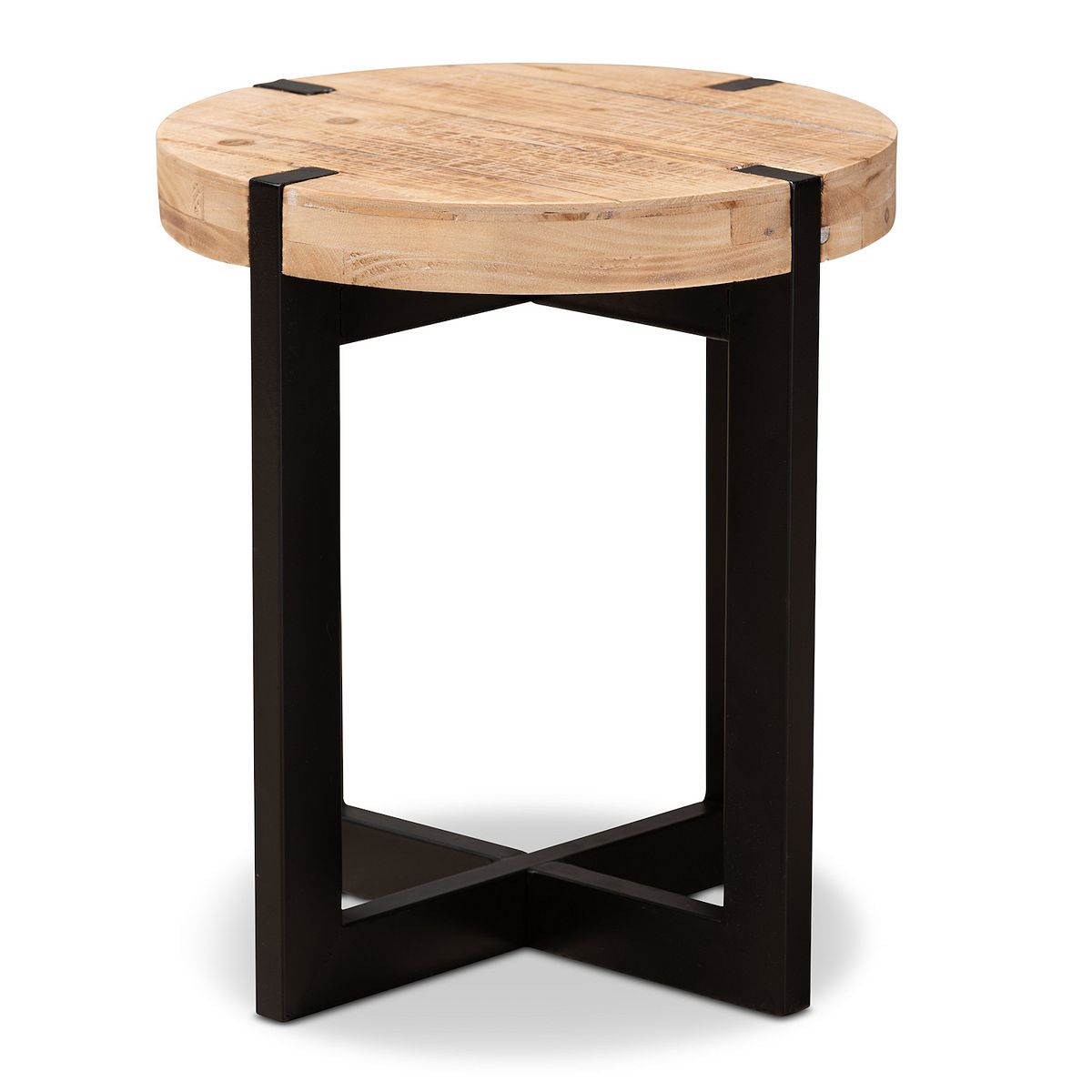 Round Horace end table featuring black legs and light wood tabletop