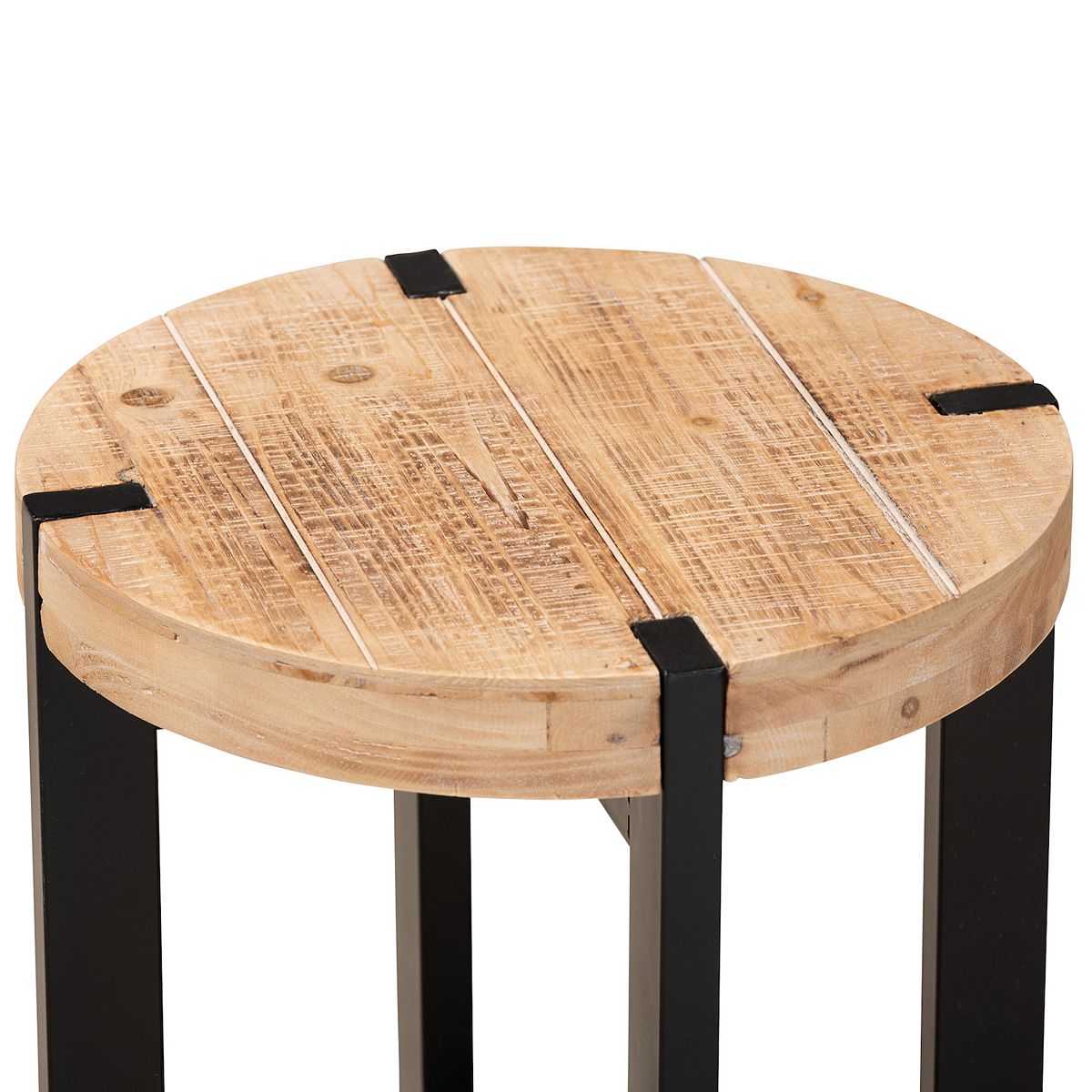 Close view of round Horace end table wood top with black corner brackets
