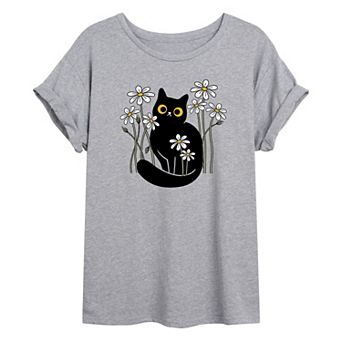 Juniors' Black Cat In Daisies Oversized Graphic Tee
