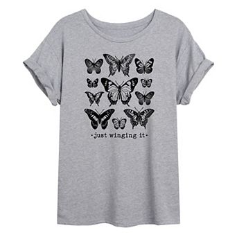 Juniors' Butterflies Winging Oversized Graphic Tee