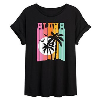 Juniors' Aloha Palm Trees Oversized Graphic Tee