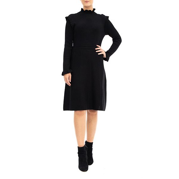 Women's Nina Leonard Long Sleeve High Ruffle Neck Fit & Flare Dress