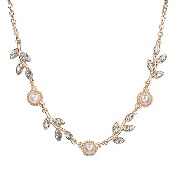 DRAPER JAMES RSVP Gold Tone Crystal & Simulated Pearl Leaves Statement