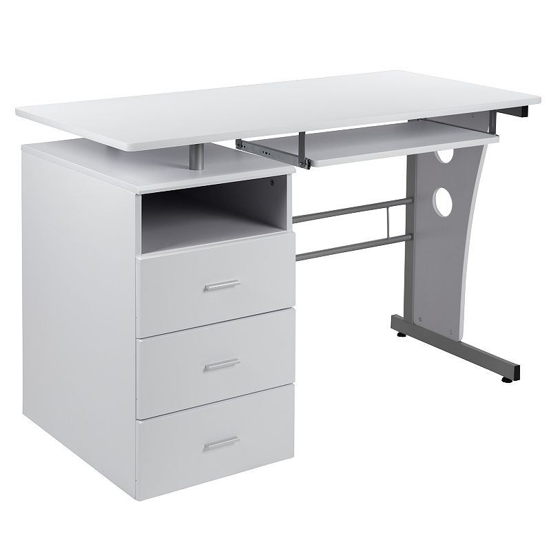 Flash Furniture White Desk with Three Drawer Pedestal and Keyboard Tray