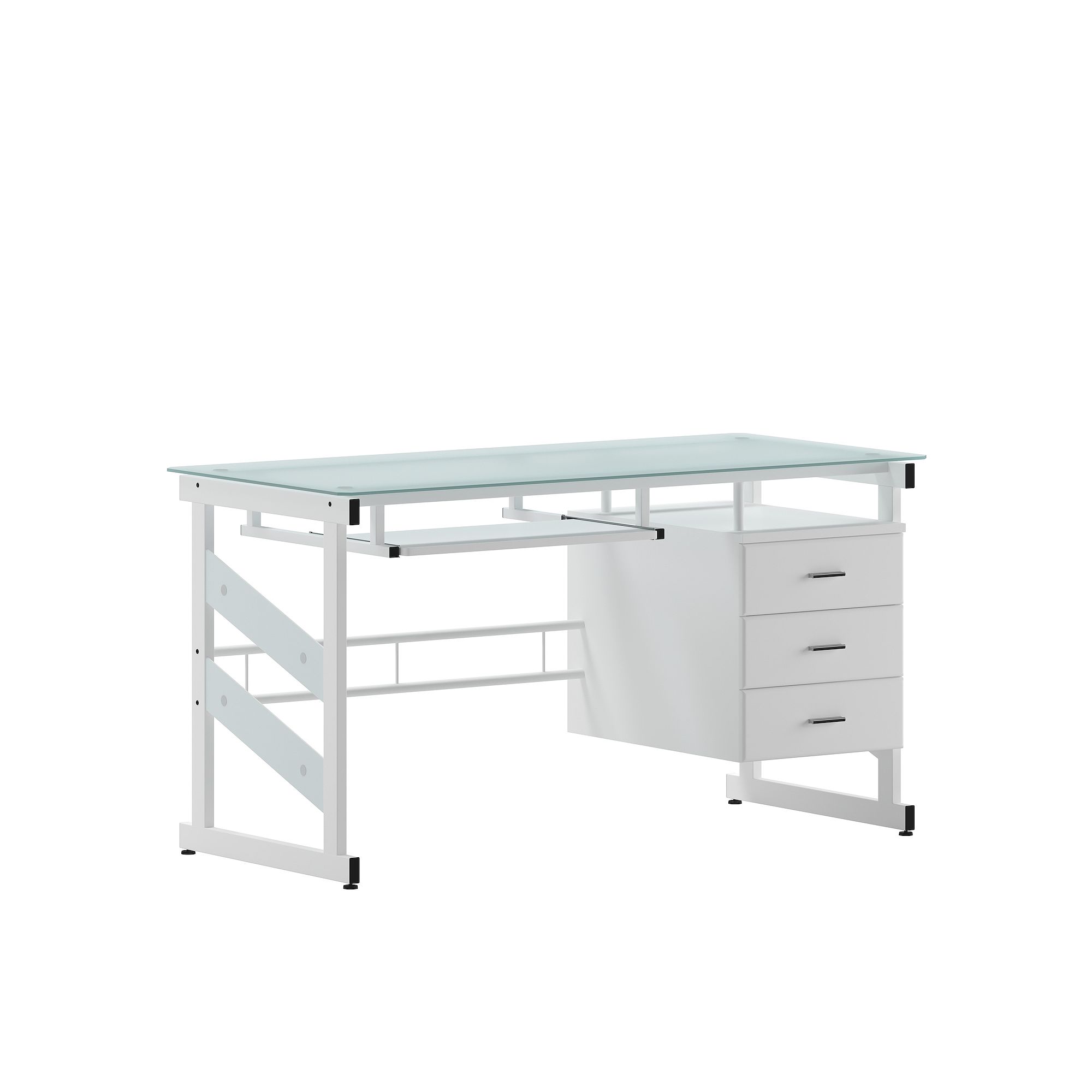 Flash Furniture White Computer Desk with Frosted Glass Top and Three Drawer