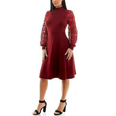 Women's Nina Leonard Lace Sleeve A-Line Sweaterdress