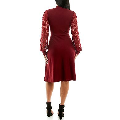 Women's Nina Leonard Lace Sleeve A-Line Sweaterdress