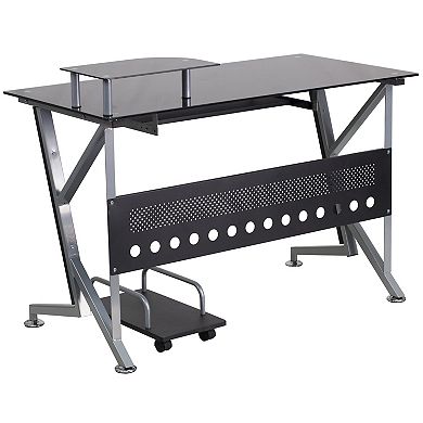 Flash Furniture Black Glass Computer Desk with Keyboard Tray and CPU Cart