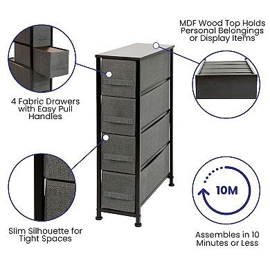 Flash Furniture 4 Drawer Slim Wood Top White Cast Iron Frame Dresser Storage Tower with Light Gray Easy Pull Fabric Drawers