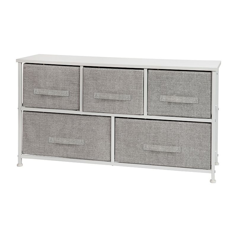Flash Furniture Harris 5 Drawer Wood Top White Cast Iron Frame Vertical Storage Dresser with Light Gray Easy Pull Fabric Drawers