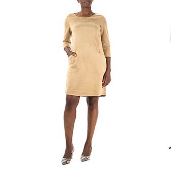 Women's Nina Leonard Jewelneck Three Quarter Sleeve Trapeze Dress