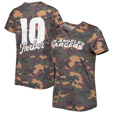 Women's Majestic Threads Justin Herbert Camo Los Angeles Chargers Name & Number V-Neck Tri-Blend T-Shirt