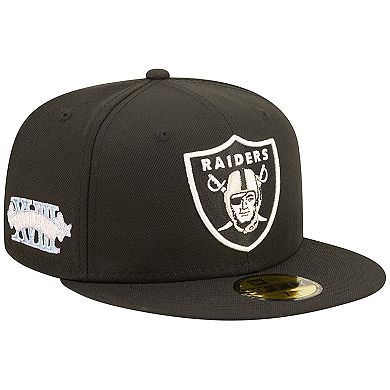 Men's New Era Black Las Vegas Raiders Super Bowl XVIII Pink Pop 59FIFTY Fitted Hat