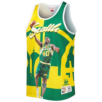 Men's Mitchell & Ness Shawn Kemp Green/Gold Seattle SuperSonics Sublimated Player Tank Top