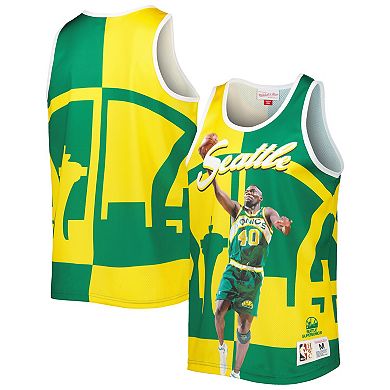 Men's Mitchell & Ness Shawn Kemp Green/Gold Seattle SuperSonics Sublimated Player Tank Top