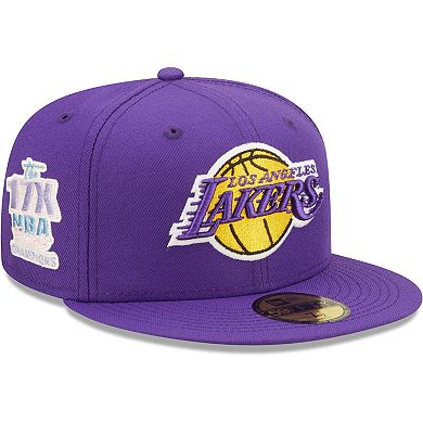 Men's New Era Purple Los Angeles Lakers 17x NBA Finals Champions Pop Sweat 59FIFTY Fitted Hat