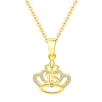 Charming Girl Kids 14k Gold Over Silver "15" Cubic Zirconia Crown Pendant Necklace