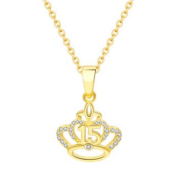 Charming Girl Kids 14k Gold Over Silver "15" Cubic Zirconia Crown Pendant Necklace