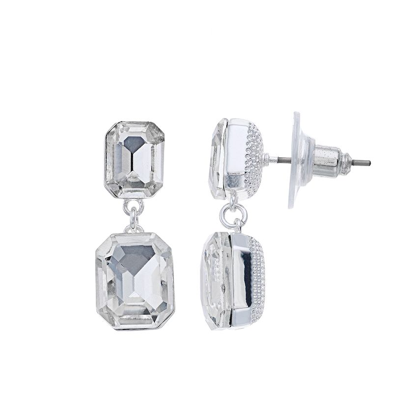 Brilliance Silver Tone Double Cushion Crystal Drop Earrings, Womens, White