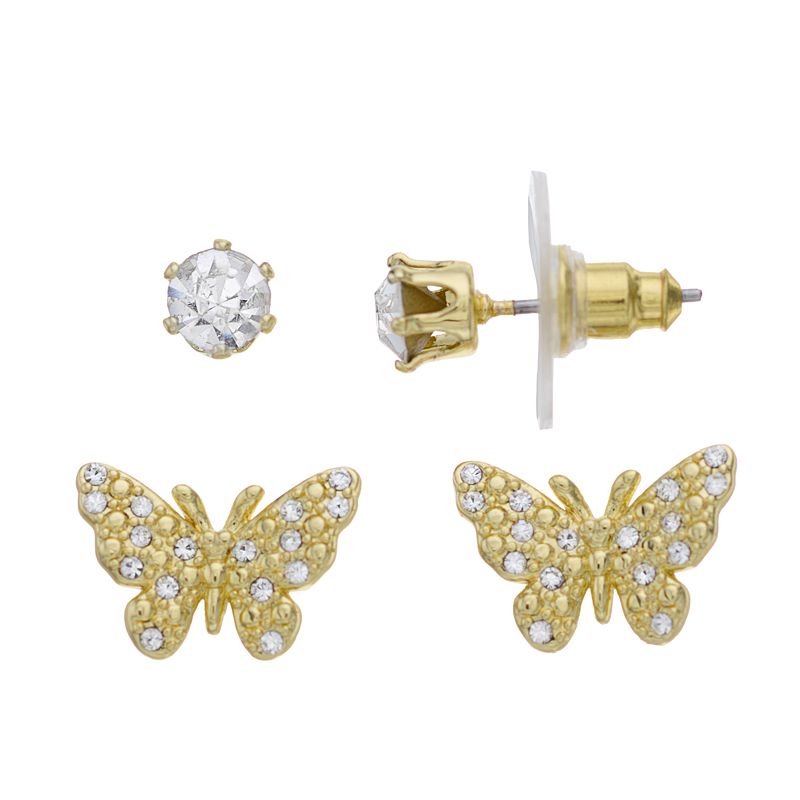Brilliance Gold Tone Butterfly & Crystal Stud Earring Duo Set, Womens, Whi
