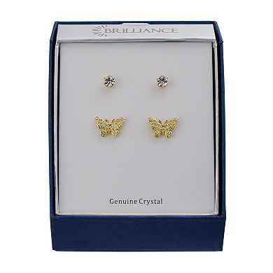 Brilliance Gold Tone Butterfly & Crystal Stud Earring Duo Set