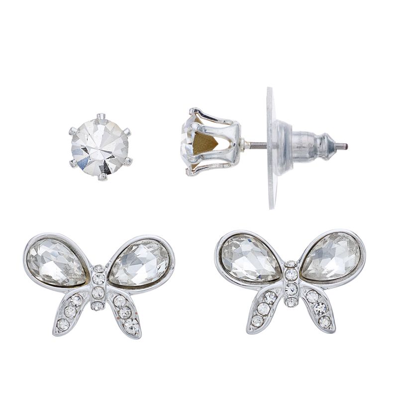 Brilliance Silver Tone Butterfly & Crystal Stud Duo Earring Set, Womens, W
