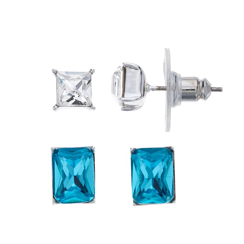 Brilliance Silver Tone Aqua & Clear Crystal Cushion Stud Earring Duo Set, W