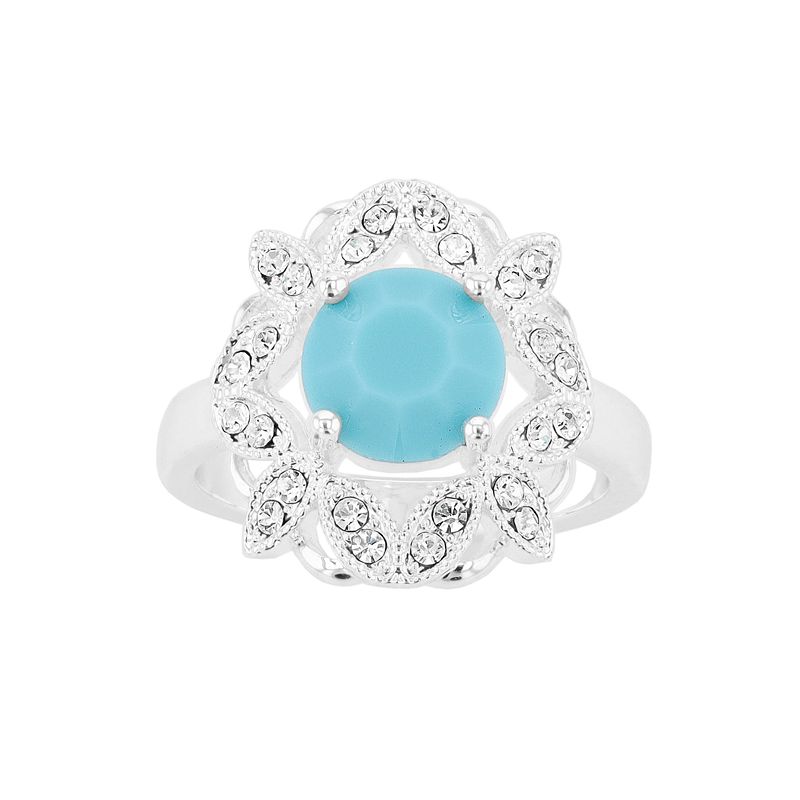 Brilliance Silver Tone Simulated Turquoise & Crystal Halo Ring, Womens, Si
