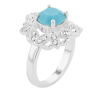 Brilliance Silver Tone Simulated Turquoise & Crystal Halo Ring